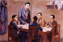 Đồng chí Nguyễn Ái Quốc chủ trì Hội nghị hợp nhất các tổ chức Đảng thành Đảng Cộng sản Việt Nam, tháng 2/1930. Ảnh chụp từ tranh của họa sĩ Phi Hoanh tại Bảo Tàng Lịch sử quốc gia Việt Nam.