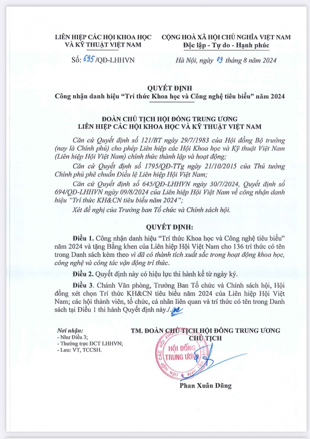 Liên hiệp Hội Bình Định có 01 trí thức được công nhận đạt Danh hiệu "Trí thức Khoa học và Công nghệ tiêu biểu năm 2024"