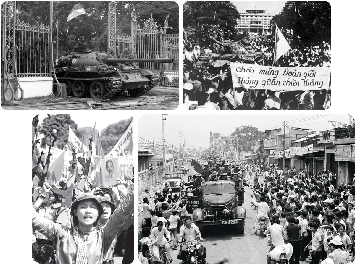 Khoảnh khắc lịch sử xe tăng Quân giải phóng tiến vào Dinh Độc Lập, trưa 30/4/1975; Nhân dân Sài Gòn đổ ra đường chào đón quân Giải phóng