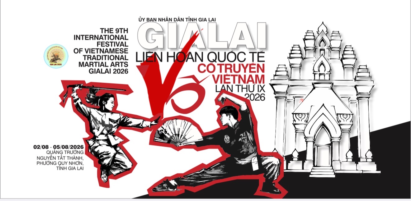 Bộ nhận diện Liên hoan quốc tế Võ cổ truyền Việt Nam lần thứ IX - Gia Lai 2026, kết hợp hình tượng võ thuật với dấu ấn kiến trúc Chămpa. Ảnh: H.T